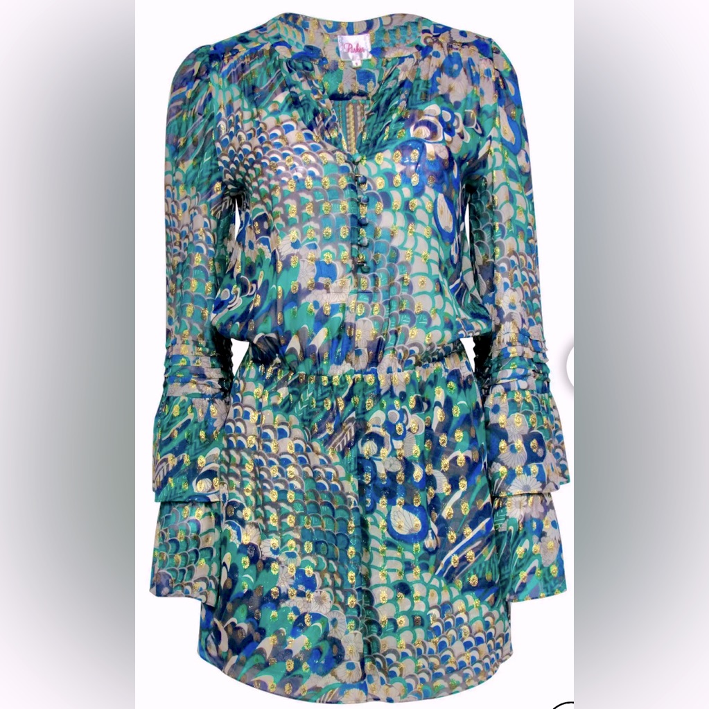 Parker Bohemian Metallic Floral & Sea Motif Tiered Bell Sleeves Silk Mini Dress